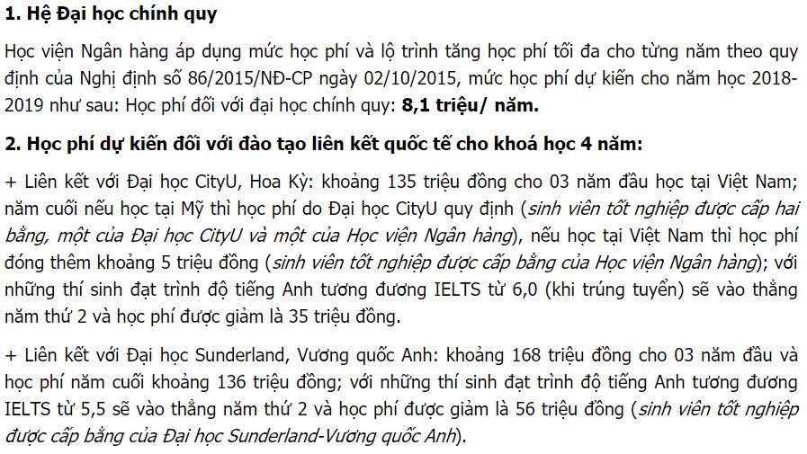 Mức học phí Học viện Ngân hàng năm 2018 - 2019
