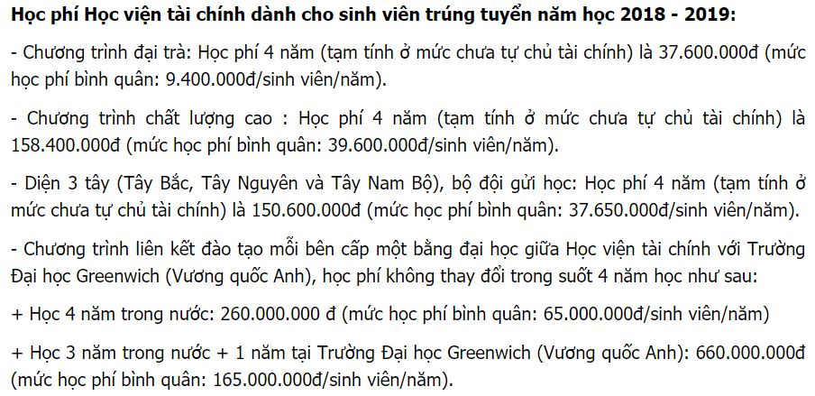  Học phí trường học viện Tài chính năm 2018