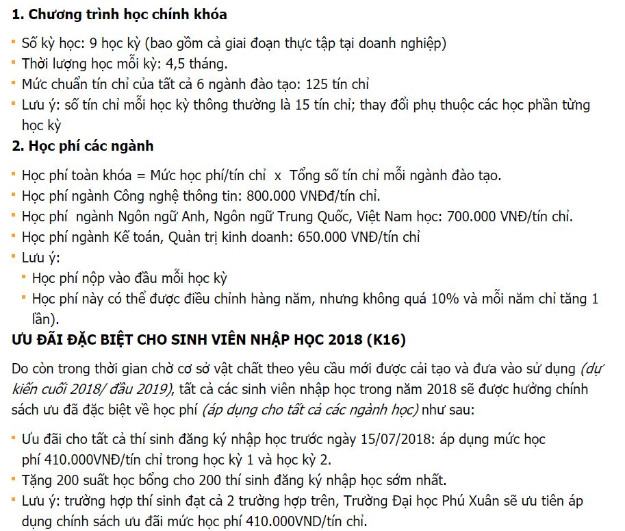 Học phí trường Đại học Phú Xuân năm 2018